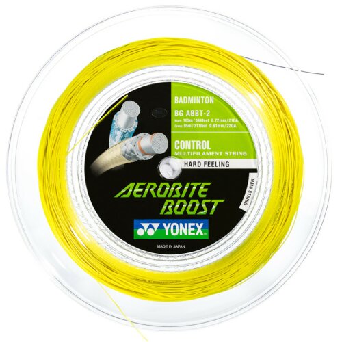 Yonex Aerobite Boost Hybrid ( 200m Rolle ) gelb/grau Längs: 0,72 mm / Quer: 0,61 mm Badmintonsaite
